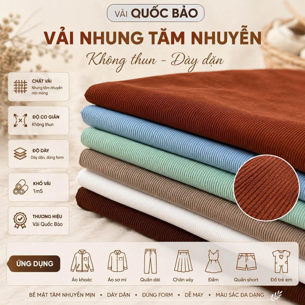 [Quốc Bảo] Vải nhung tăm nhuyễn,dày dặn,không thun,may áo khoác, quần,đồ trẻ em,nón,túi,đồ handmade