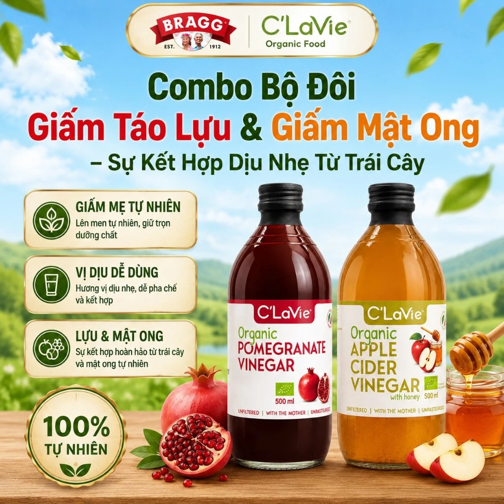 Combo Bộ Đôi Giấm Lựu C’LaVie 500ml & Giấm Táo Mật Ong C’LaVie 500ml – Sự Kết Hợp Dịu Nhẹ Từ Trái Cây