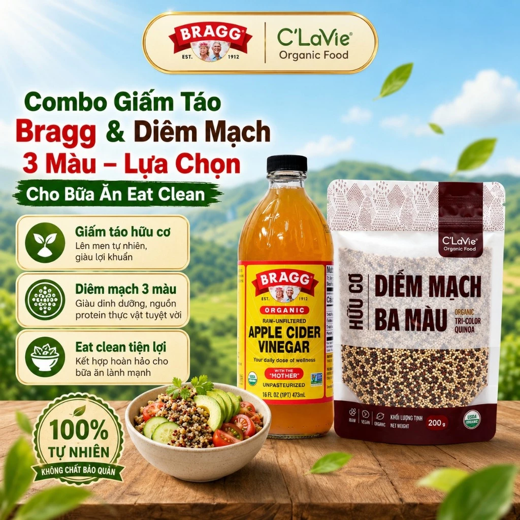 Combo Giấm Táo Bragg 473ml & Diêm Mạch Ba Màu Hữu Cơ C’LaVie 200g – Lựa Chọn Cho Bữa Ăn Eat Clean