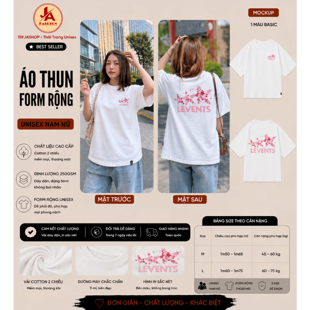 Áo Thun form rộng họa tiết Levents  hoa anh đào Nam Nữ Tay Lỡ Cotton 2 Chiều Mềm Mịn Basic Dễ Phối
