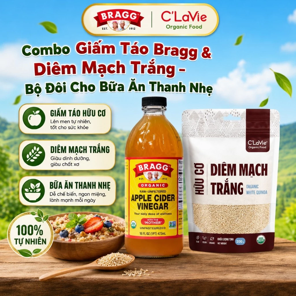 Combo Giấm Táo Bragg 473ml & Diêm Mạch Trắng Hữu Cơ C’LaVie 200g – Bộ Đôi Cho Bữa Ăn Thanh Nhẹ