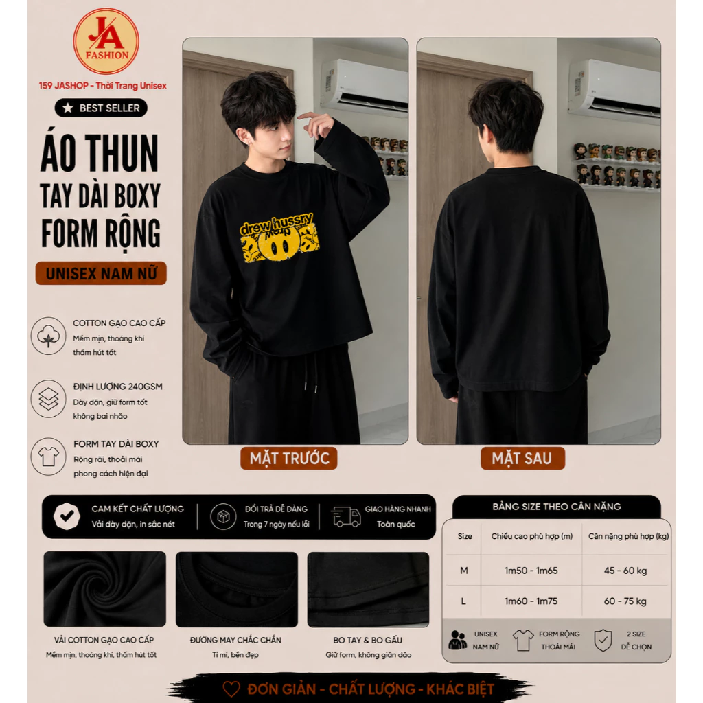Áo Thun Tay Dài Boxy Form Rộng Unisex Nam Nữ Cotton Gạo Cao Cấp 240GSM In Hình Graphic Streetwear