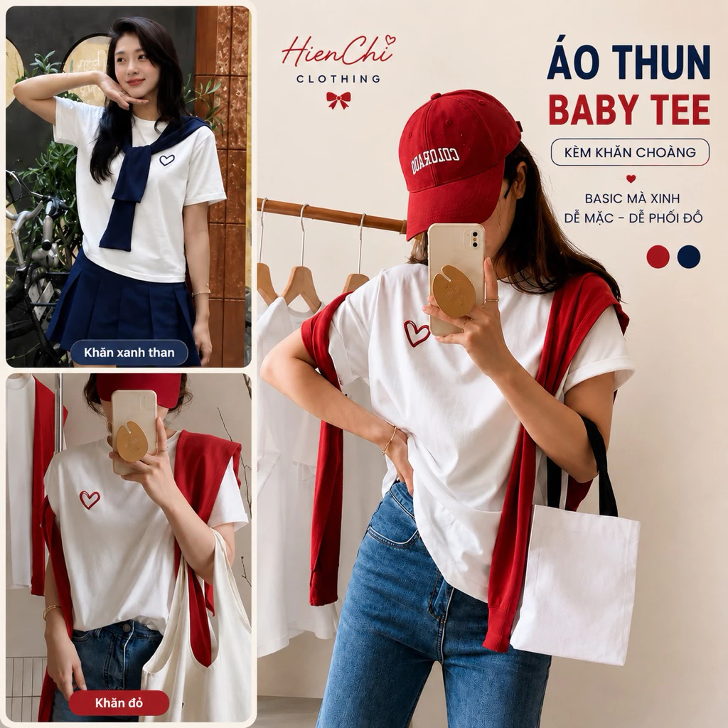 Áo Thun Babytee In Trái Tim Kèm khăn 2 Màu Basic. Áo thun Nữ Cổ Tròn Chất Cotton Tay Ngắn