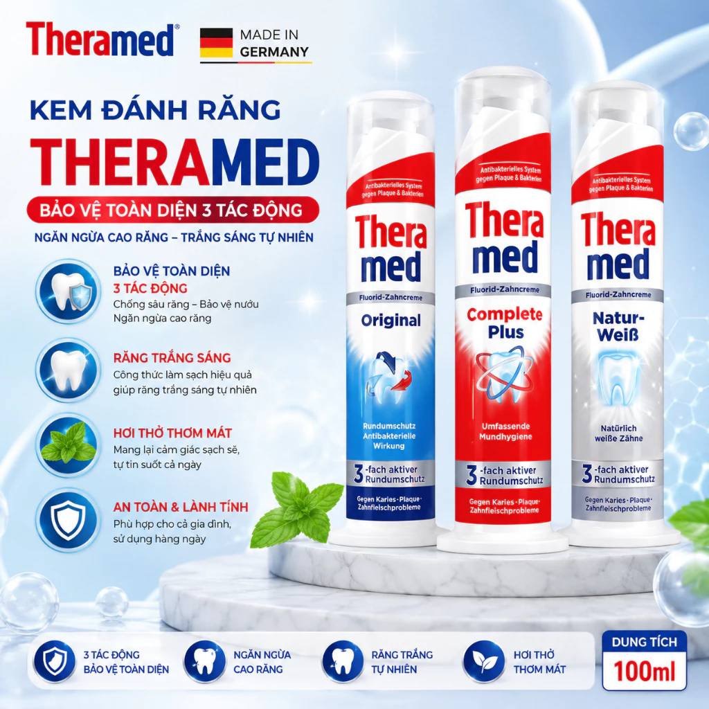 Kem đánh răng Theramed dạng ống xịt làm trắng sáng ngừa sâu răng Đức 100ml