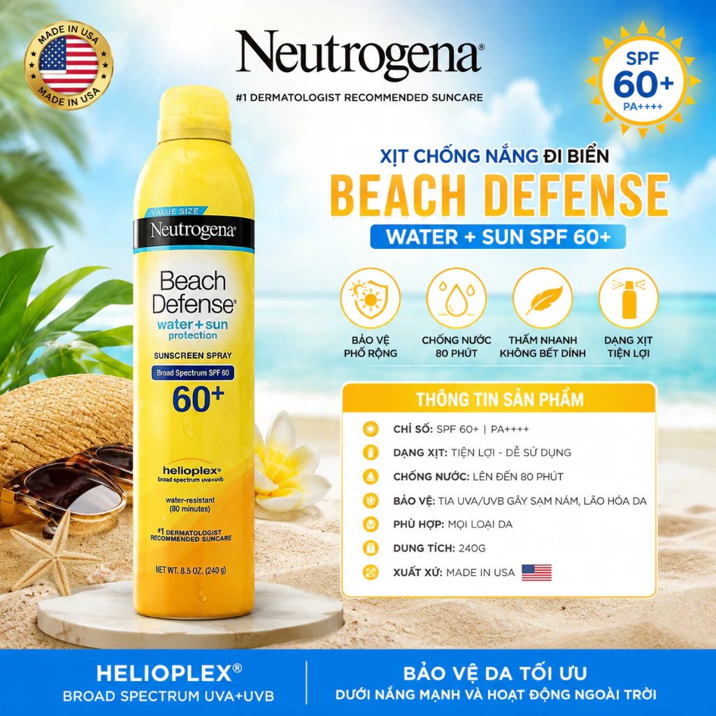 Xịt chống nắng đi biển Neutrogena Beach Defense chống nước SPF60 Mỹ 240g