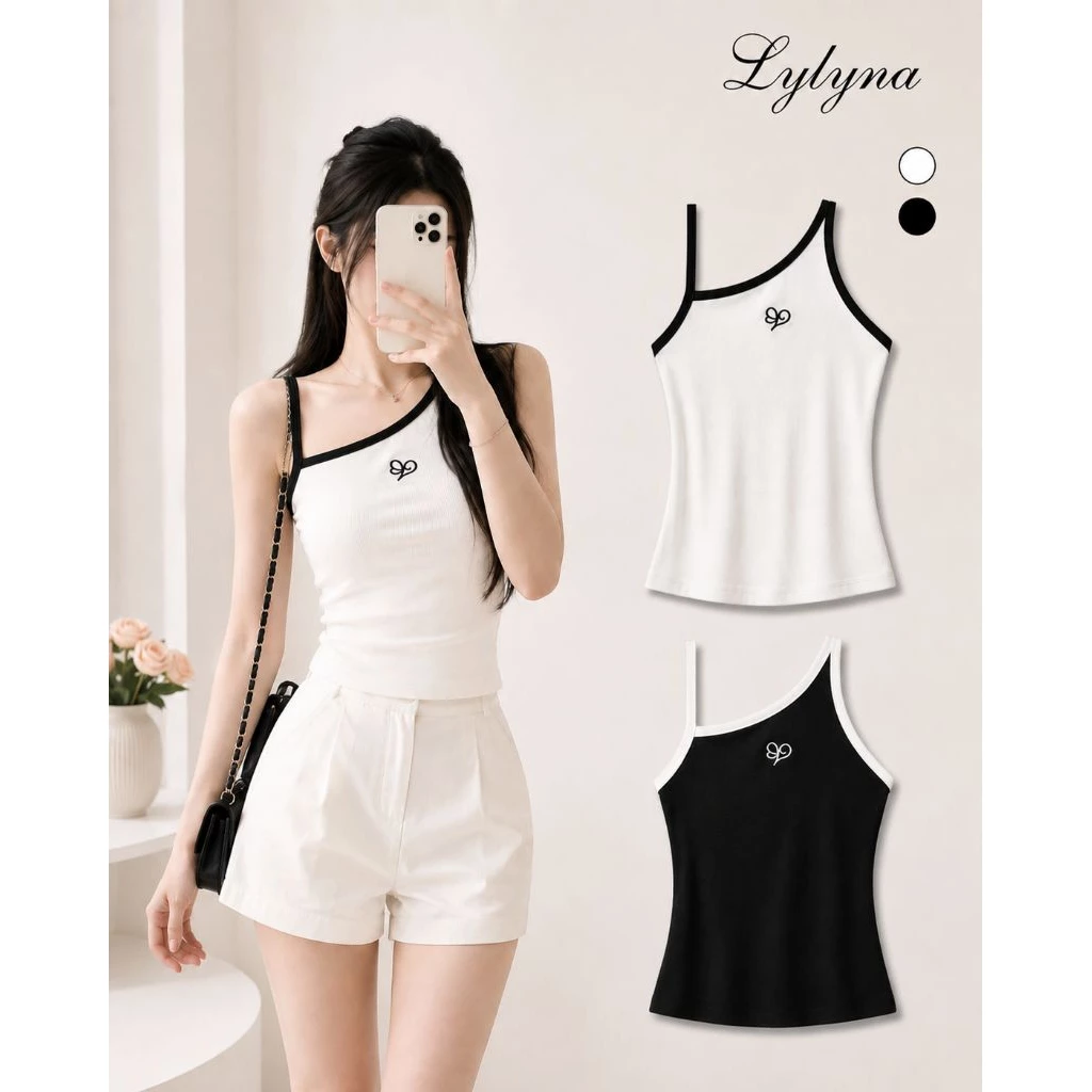 Áo dây sát nách lệch vai trễ vai màu đen trơn viền trắng LYLYNA 050
