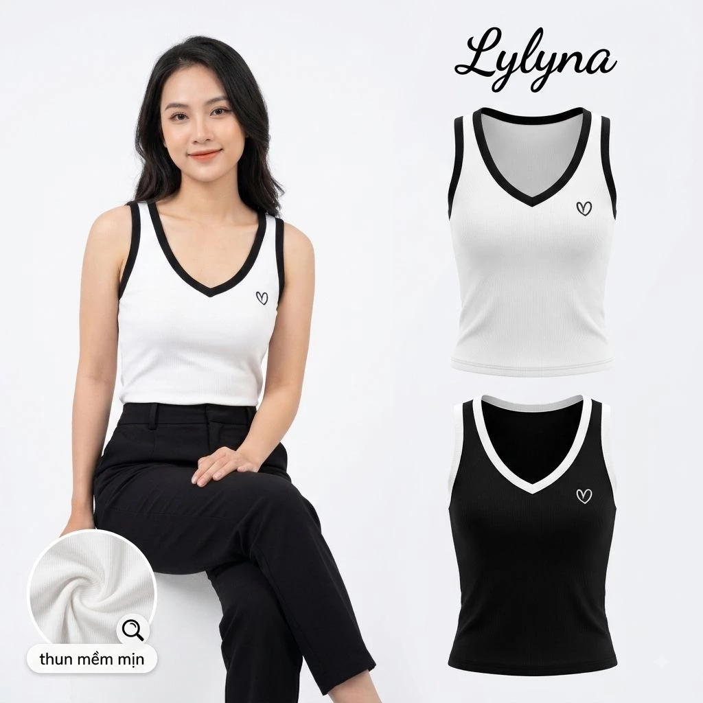 Áo hai dây bản to thêu phối viền đen trắng LYLYNA 051