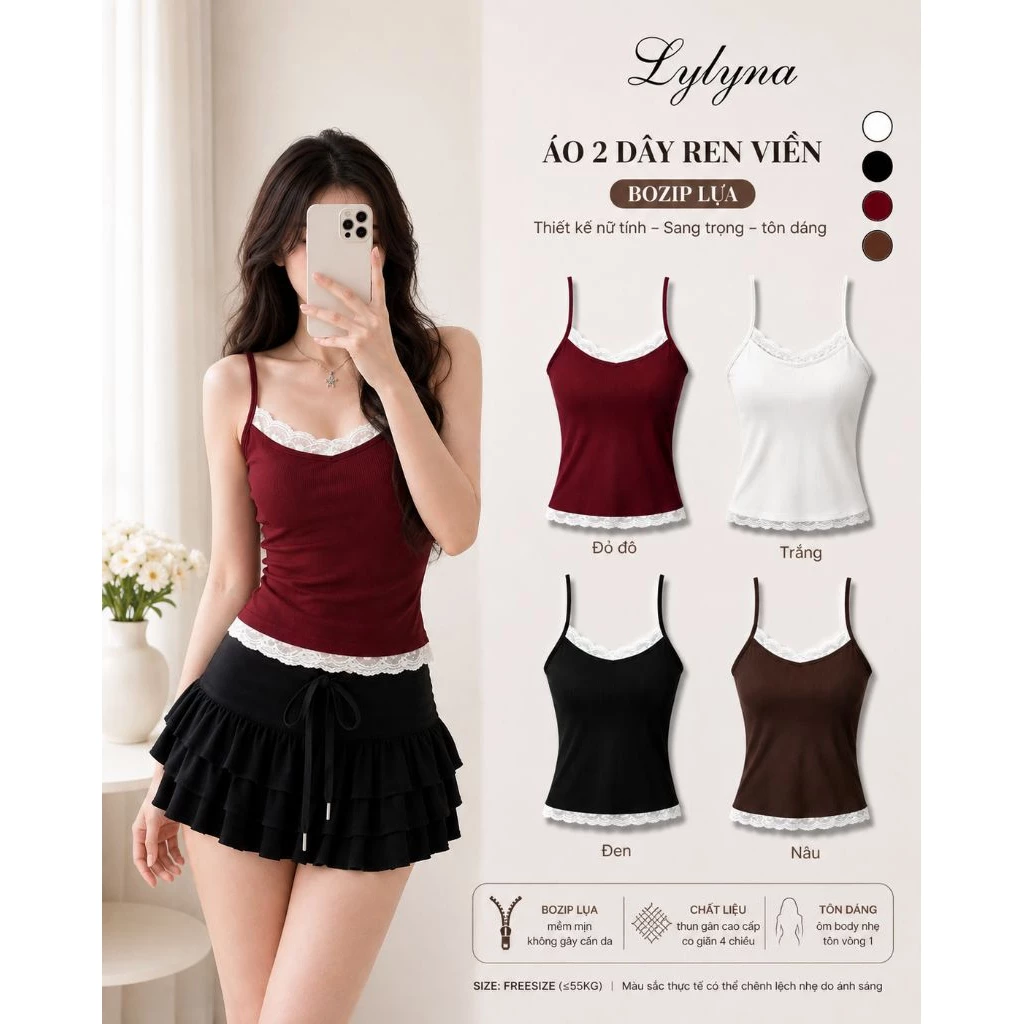 Áo hai dây cổ tim phối ren, áo hai dây sexy quyến rũ LYLYNA 052
