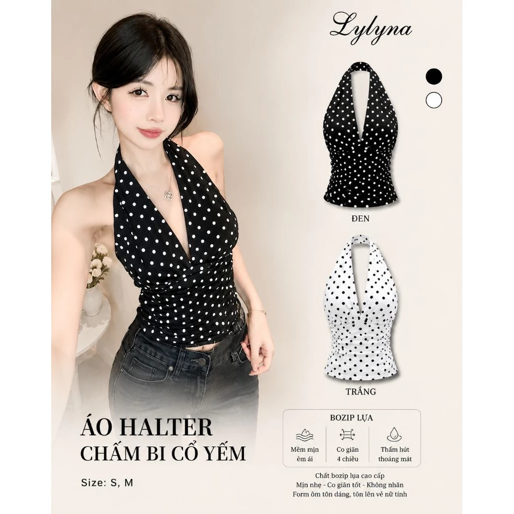 (Sẵn hàng) Áo yếm thun hở lưng, áo yếm hoạ tiết chấm bi đen trắng, phong cách quyến rũ sang trọng -LYLYNA A42