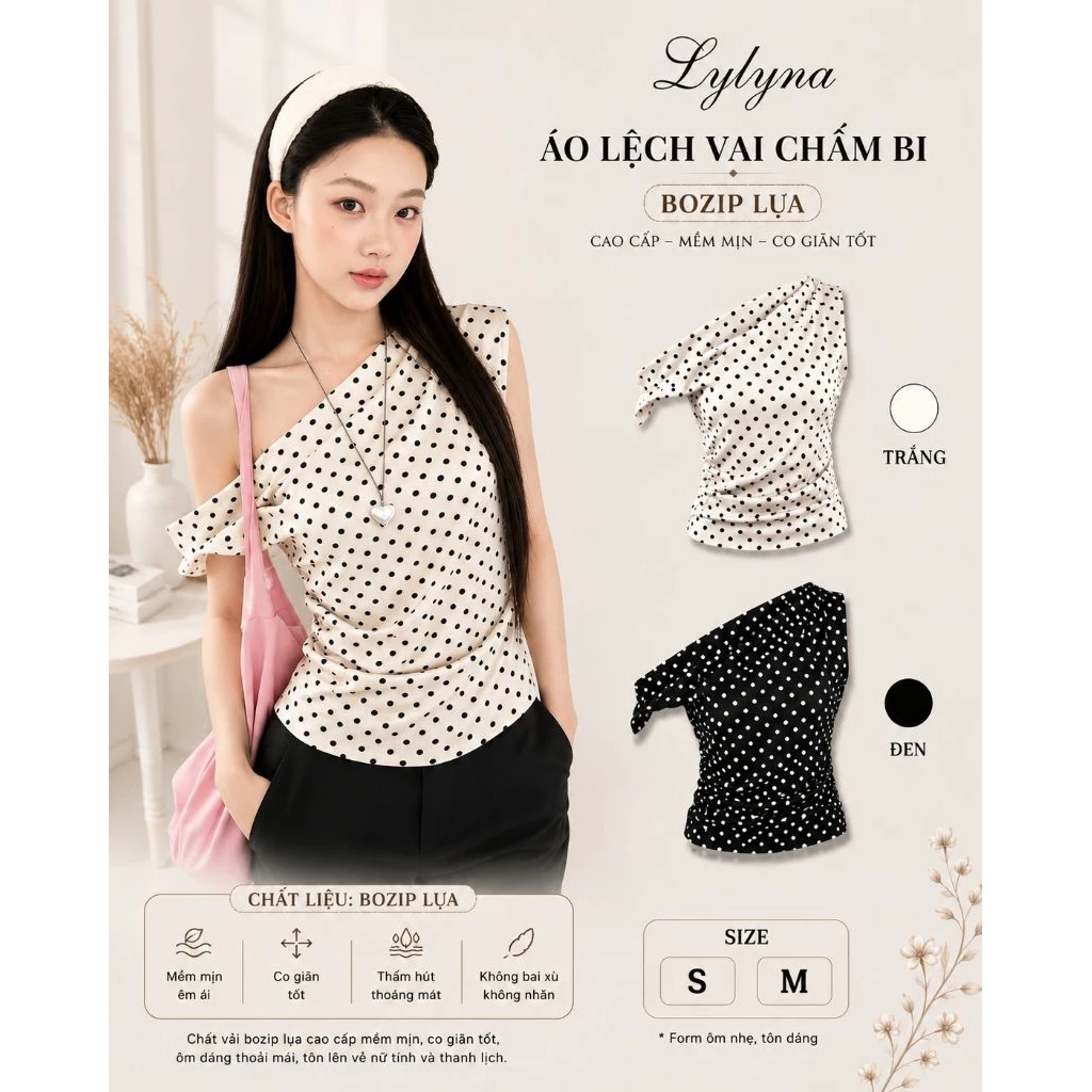 Áo lệch vai hoạ tiết chấm bi, áo lệch vai nhún eo - LYLYNA 031