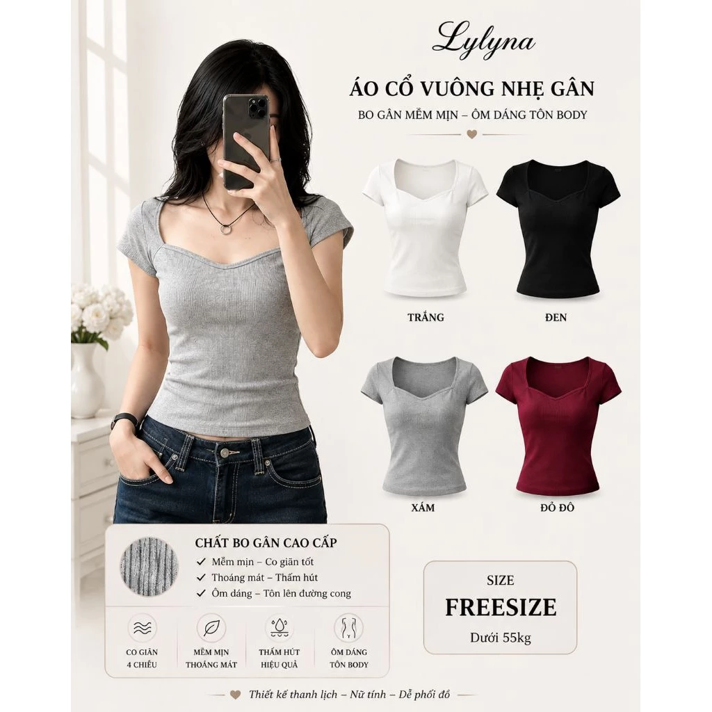 Áo cúp ngực tay ngắn ôm gọn tôn dáng, áo cổ U lượn viền - LYLYNA A040