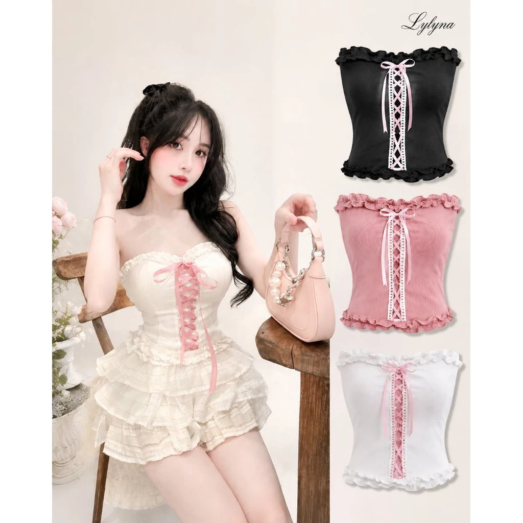 Áo cúp ngực viền bèo đan dây có mút form ôm body xinh xắn - LYLYNA A51