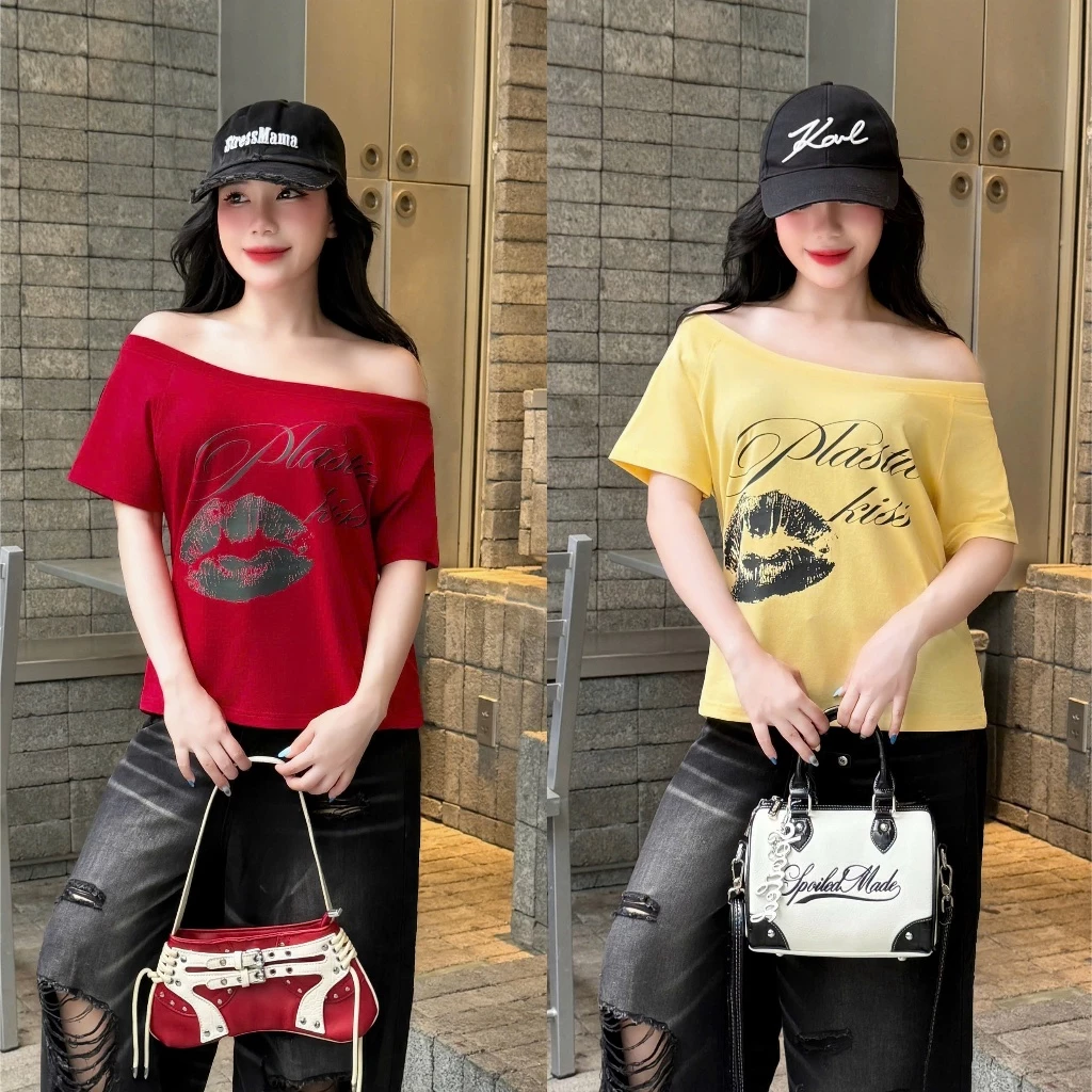 Áo Thun Cổ Thuyền PLASTIC KISS Lệch Vai  Trẻ Trung Xinh Đẹp Cottton 4C BST27