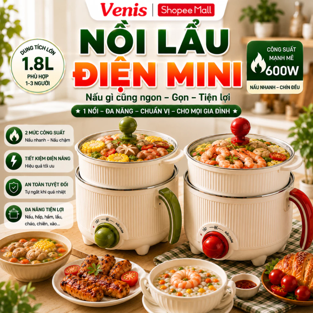 Nồi Lẩu Điện Mini 2 Tầng Kèm Giá Hấp, Nồi Nấu Mì Đa Năng Nướng Chiên Luộc Chống Dính