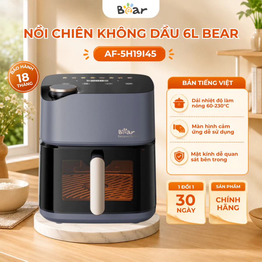 Nồi Chiên Không Dầu 6L Bear AF-5H19I45, CS 2000W, Nút Cảm Ứng Tiện Lơi, Hẹn Giờ, Rã Đông, BH 18 Thág