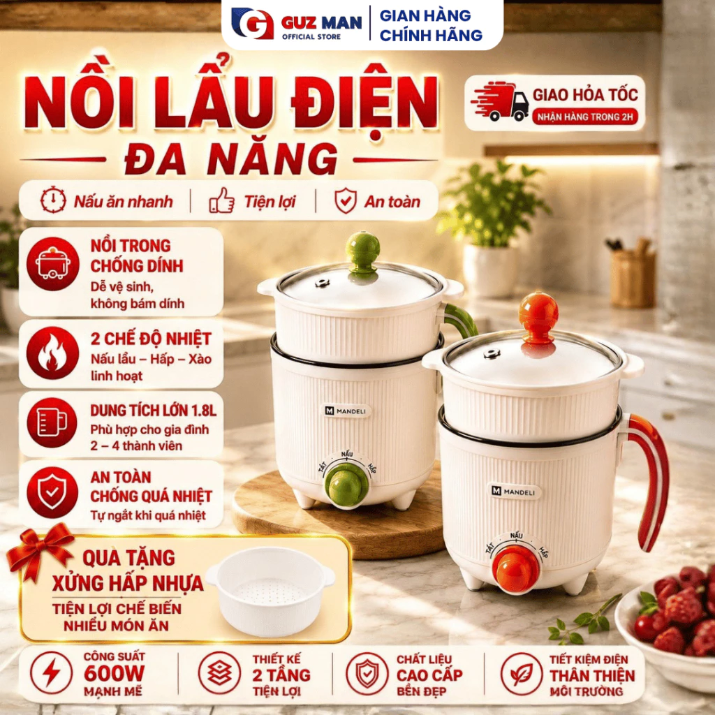 Nồi Lẩu Điện Mini 18cm Đa Năng 2 Nấc Nhiệt Kèm Giá Hấp, Có Tay Cầm Tiện Dụng, Nồi Lẩu Mini 2 Tầng