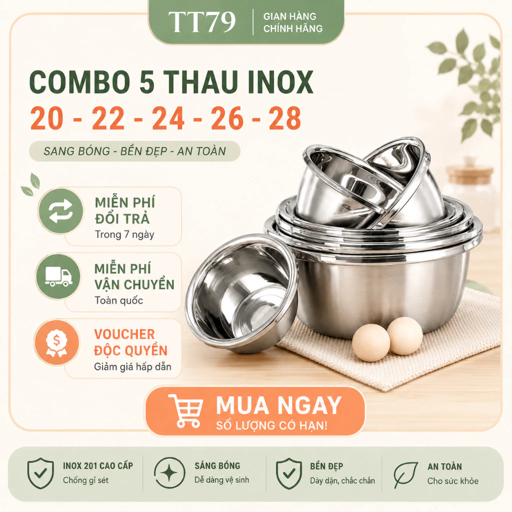 Bộ 5 thau Inox 304 đa năng, kích thước 20-28 cm