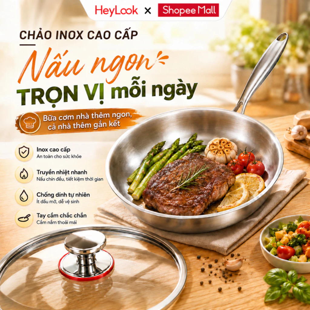 Chảo Inox Cao Cấp Có Nắp Kính, Chống Dính Tự Nhiên, Chiên Xào Đa Năng Dùng Được Mọi Loại Bếp