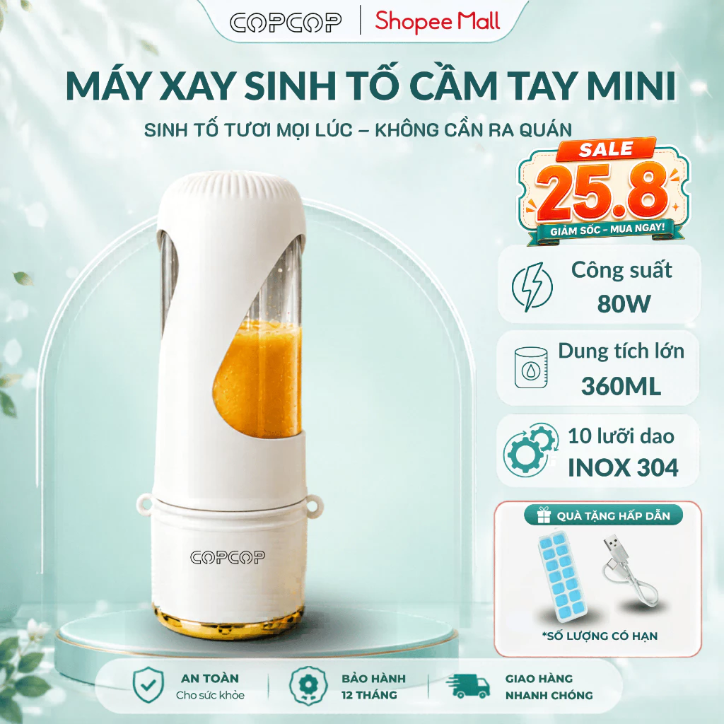 Máy xay cầm tay mini COPCOP 360ml 80W, 10 lưỡi dao inox 304 chống gỉ, xay hoa quả tiện lợi