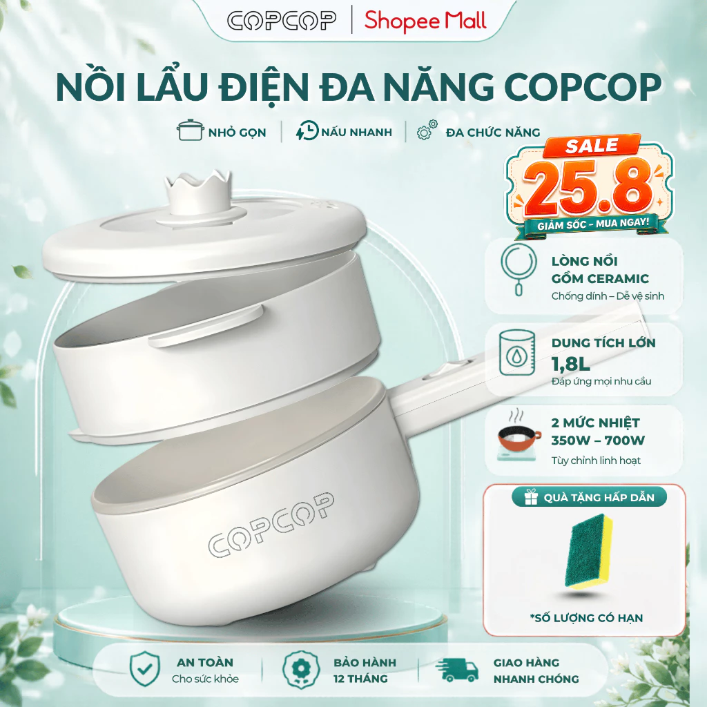 Nồi lẩu điện COPCOP 1.8L đa năng kèm khay hấp tiện lợi, nồi lẩu mini gia đình, bảo hành chính hãng 12 tháng