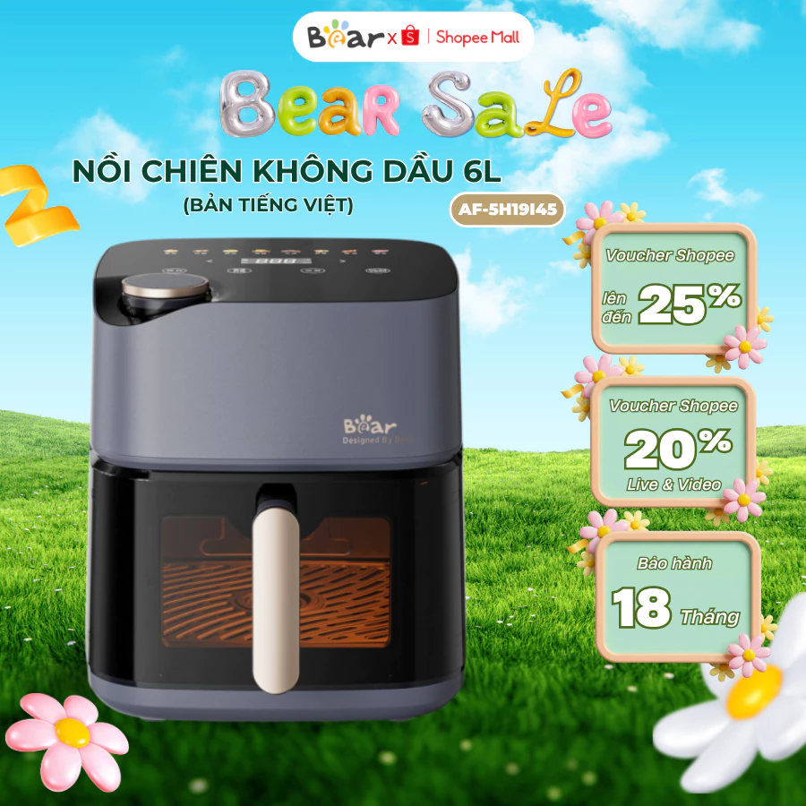 Nồi chiên không dầu 6L Bear AF-5H19I45, 2000W, Chiên Hơi Nước, Menu cài sẵn, Hẹn giờ, BH 18 Tháng