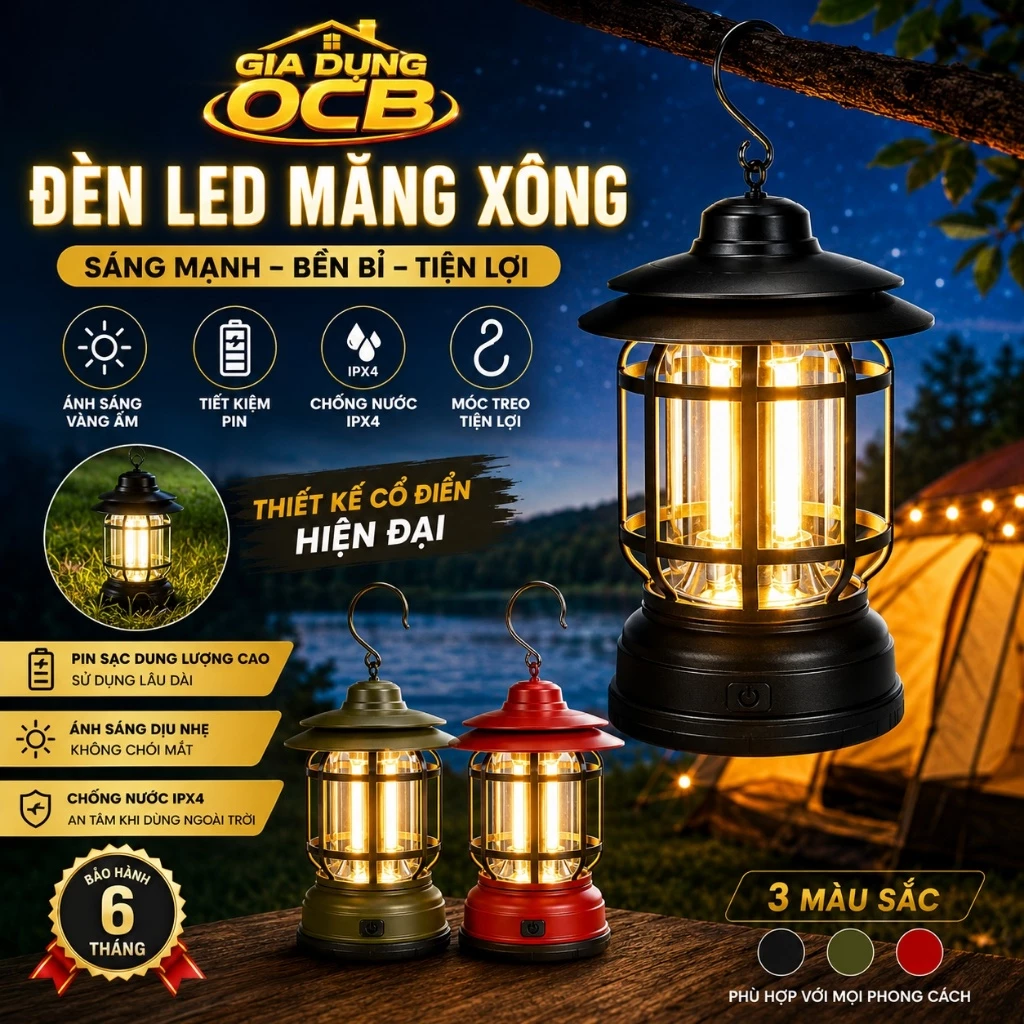 Đèn Bão Tích Điện, Tặng Kèm Cáp Sạc Type-C , Đèn Cắm Trại Dã Ngoại, Đèn Măng Xông, Pin Khủng, Chống Nước