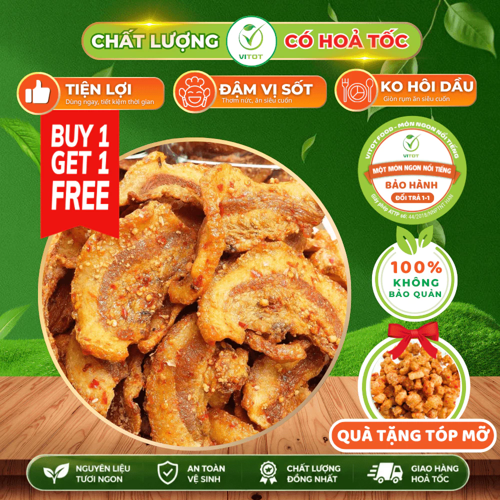 [HỎA TỐC] Ba Rọi Mắm Tỏi VITOT Đồ Ăn Vặt, Sấy Giòn Nguyên Miếng, Mặn Ngọt Thơm Ngon Đậm Vị