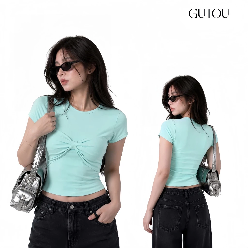 [ GUTOU ] Áo Thun Ôm Body Đính Nơ Ngực Tiffany Blue G305