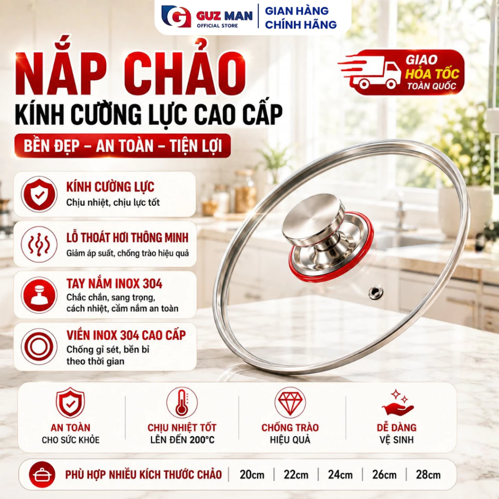Nắp Vung Nồi Chảo Chống Dính Kính Cường Lực Size 20/22/24/26/28cm Vành Inox Tròn Cao Cấp