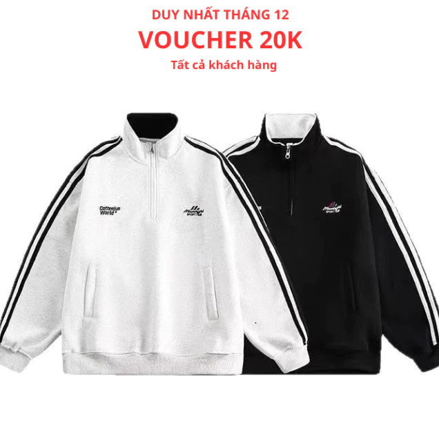 Áo Sweater Form Rộng SPORT TIME Nỉ Ngoại Sọc Tay Unisex – Cổ Zip Thêu Chữ Tạo Điểm Nhấn