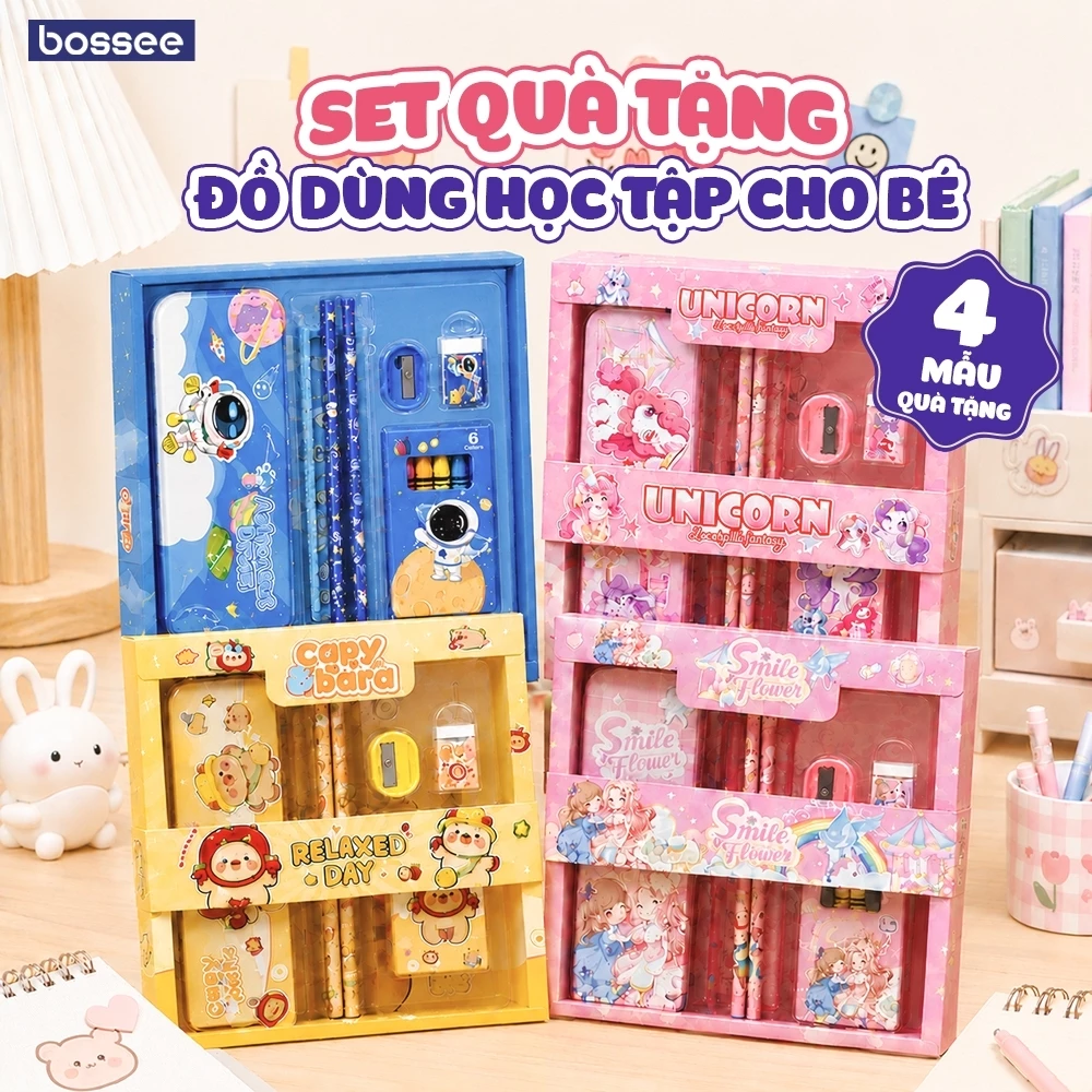 Bộ Đồ Dùng Học Tập 7 Món Kèm Hộp Quà Xinh Xắn Capybara Unicorn - Set Văn Phòng Phẩm Quà Tặng Trung Thu Học Sinh Tiểu Học