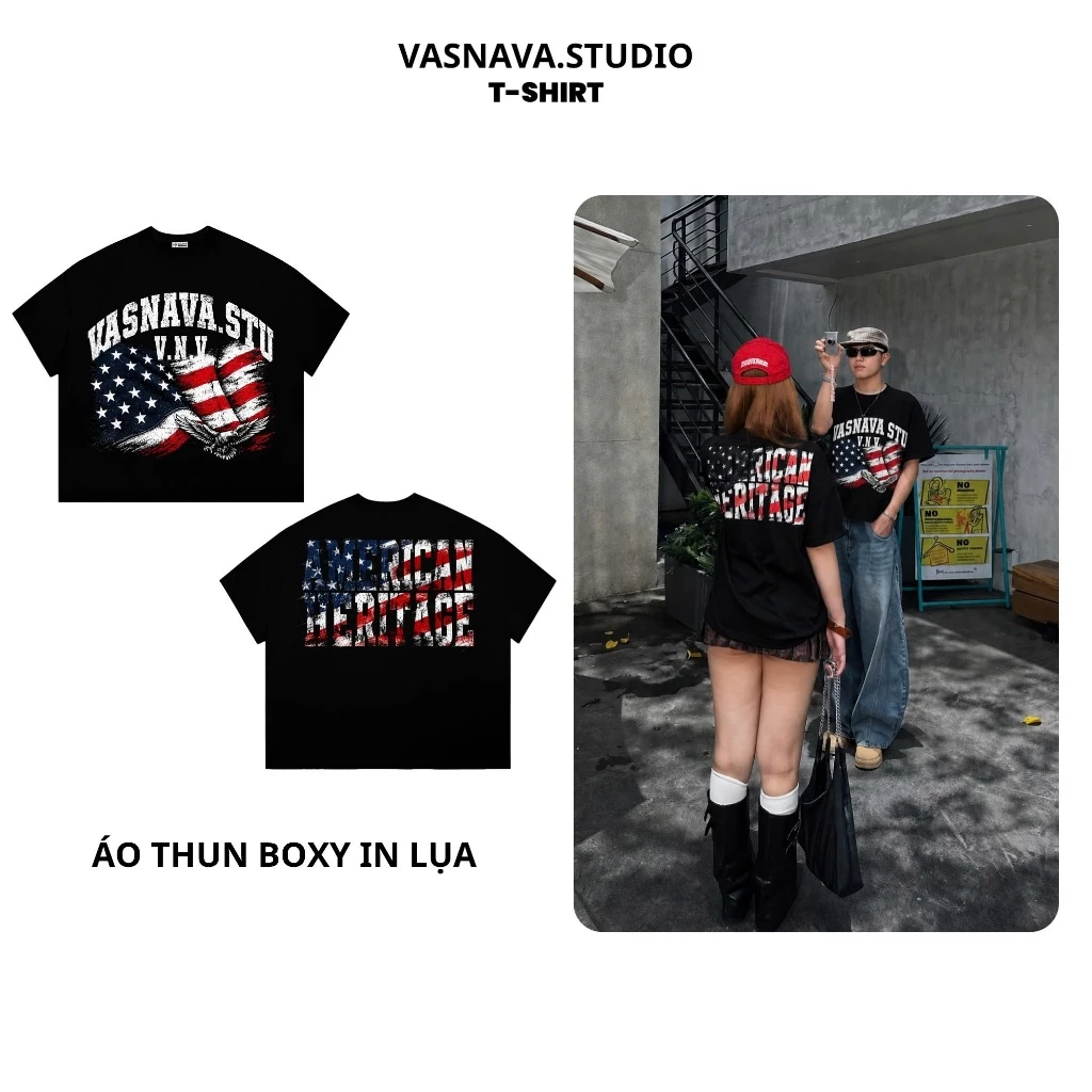 Áo Thun Boxy Vasnava American - Cotton Nam Nữ Form Boxy Tay Lỡ Oversize Cổ Tròn Cotton 260gsm co giãn 2 chiều.