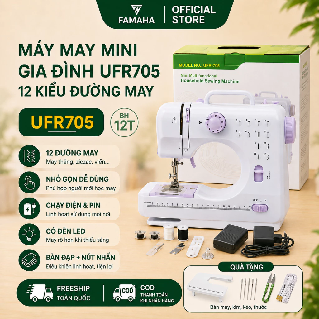 Máy May Mini Gia Đình UFR705 12 Kiểu Đường May - Nhỏ Gọn, Dễ Dùng, Có Đèn LED, Chạy Điện & Pin, Bảo Hành 6T FAMAHA