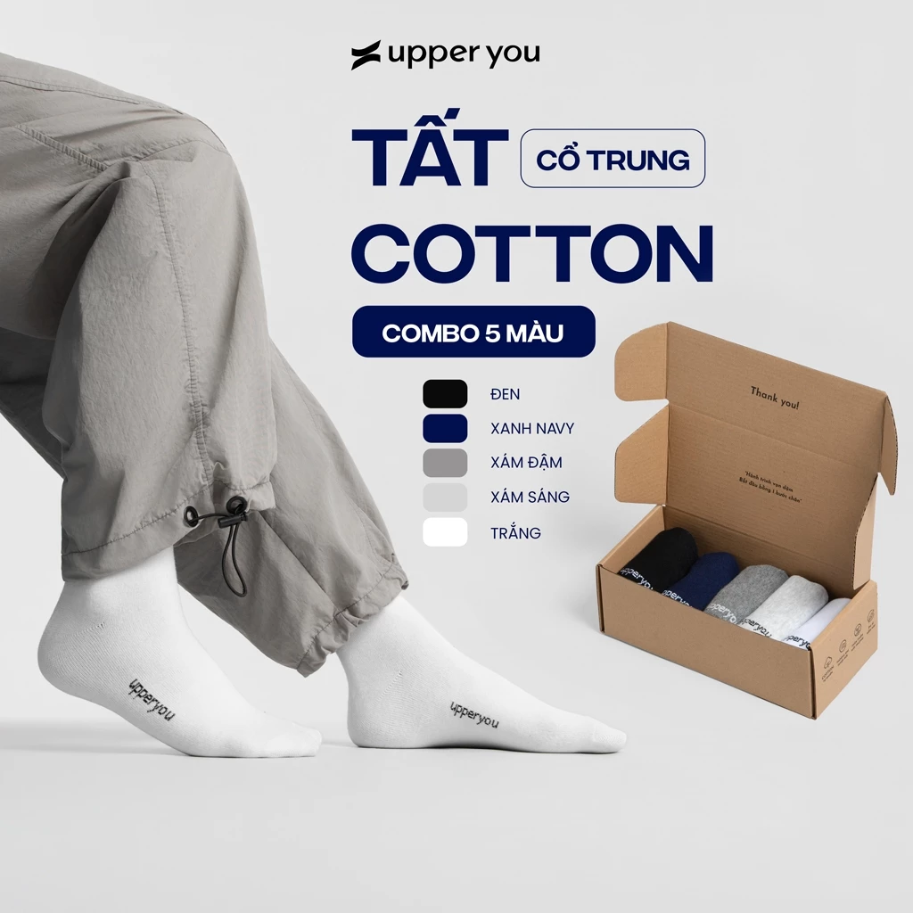 [TẶNG QUÀ ĐƠN 169K] [Combo 5] Tất Vớ Cotton Nam UPPER YOU Cổ Trung Thấm Hút Êm Ái Dày Dặn Thoáng Khí Khử Mùi - BSM3001