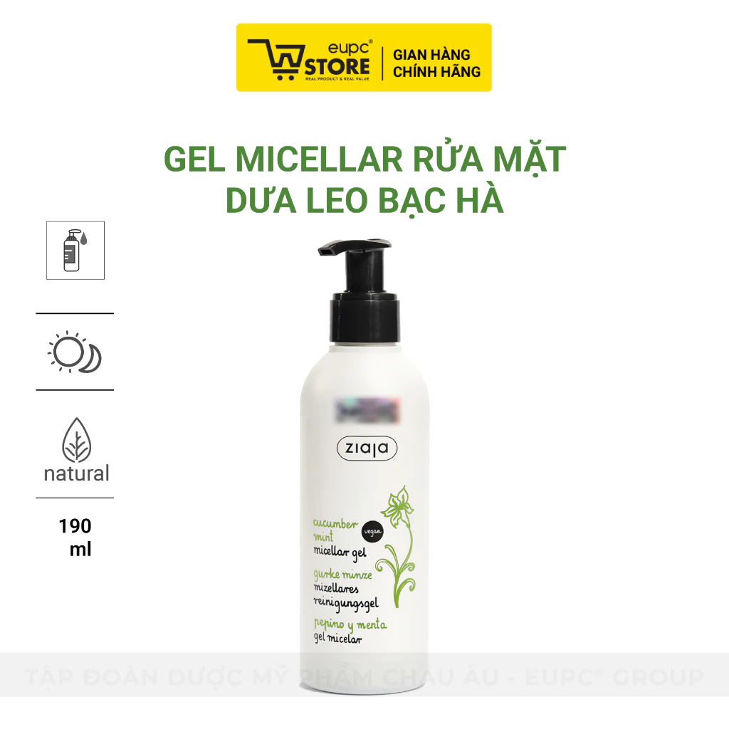 Gel rửa mặt Dưa Leo Bạc Hà Ziaja Cucumber Mint Micellar Gel 190ml - thuần chay, thành phần tự nhiên