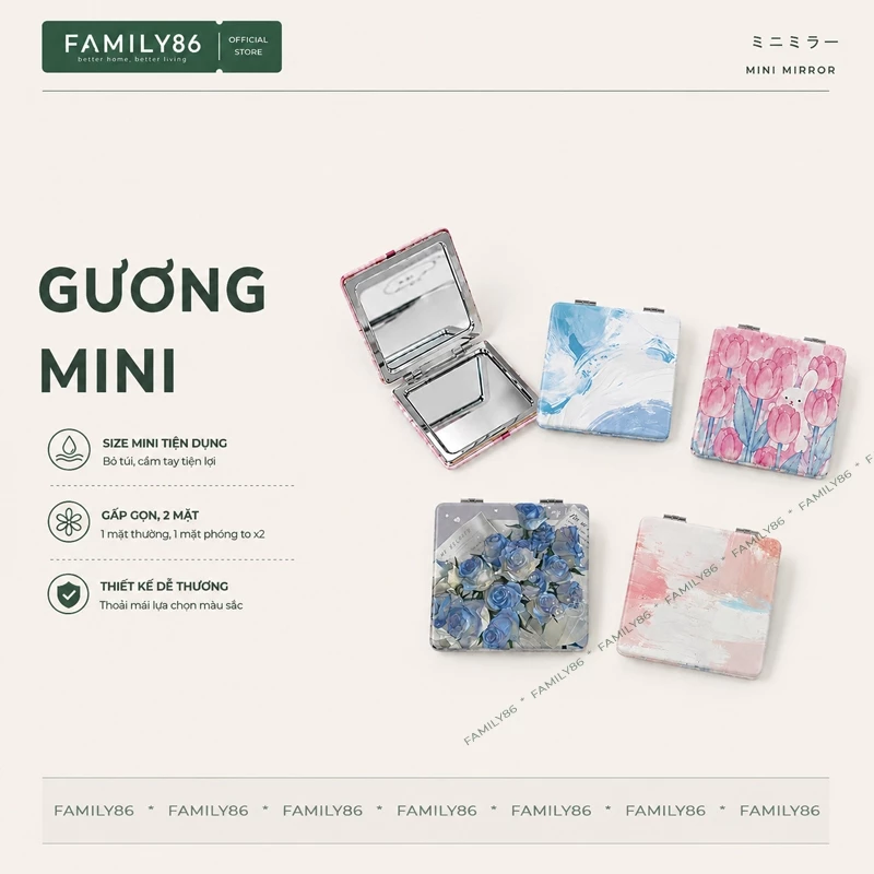 Gương Bỏ Túi, Gương Mini Gấp Gọn Bọc Da PU 2 Mặt Phóng To Tiện Mang Theo Makeup Trang Điểm Nặn Mụn