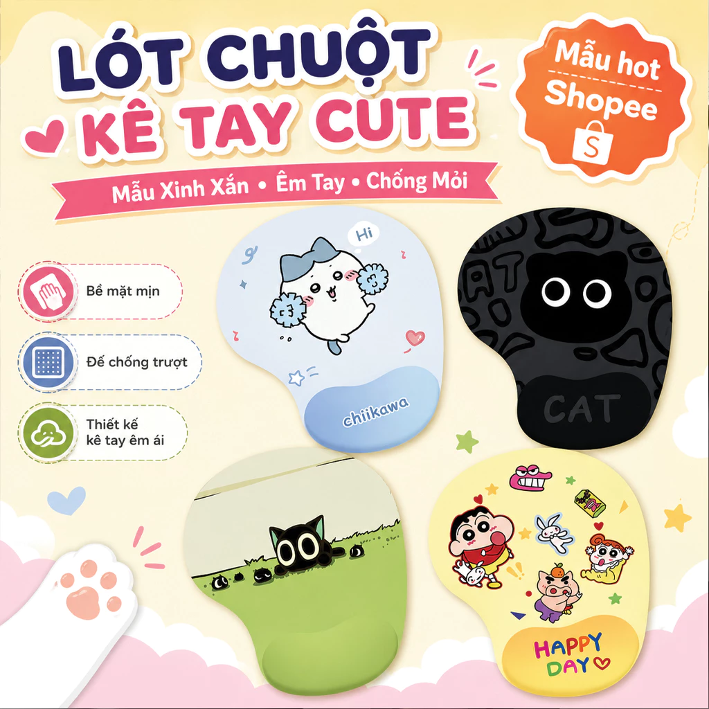 Lót chuột Oval đệm tay chống mỏi chất liệu silicon chống trơn trượt họa tiết dễ thương cute