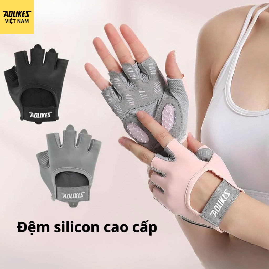 Găng Tay Aolikes CÓ ĐỆM SILICON MỚI Tập Gym Nữ, Găng Tay Gym Nam Hở Ngón Chống Trượt Cao Cấp Tập Yoga, Goft, Đạp Xe