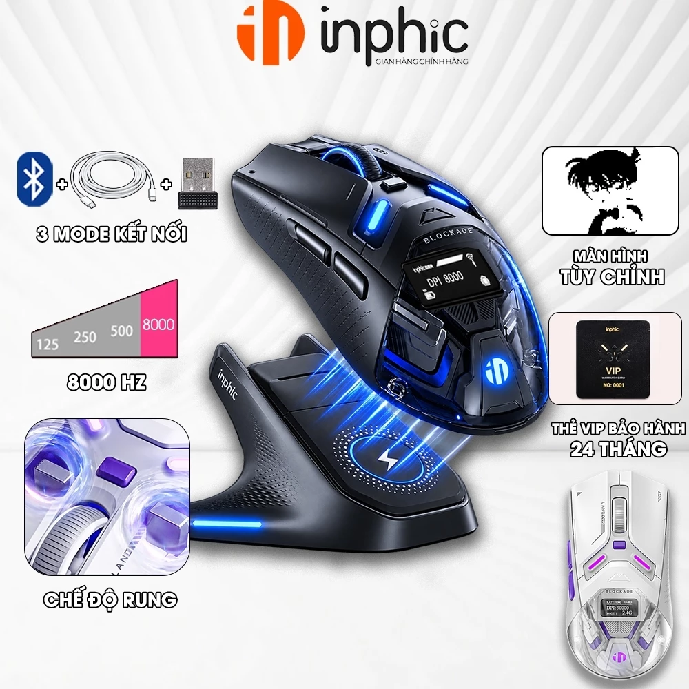 Chuột không dây gaming 8Khz INPHIC ZHEN pin sạc click rung màn hình dock sạc bluetooth PAW3950 3 mode chuyên chơi game