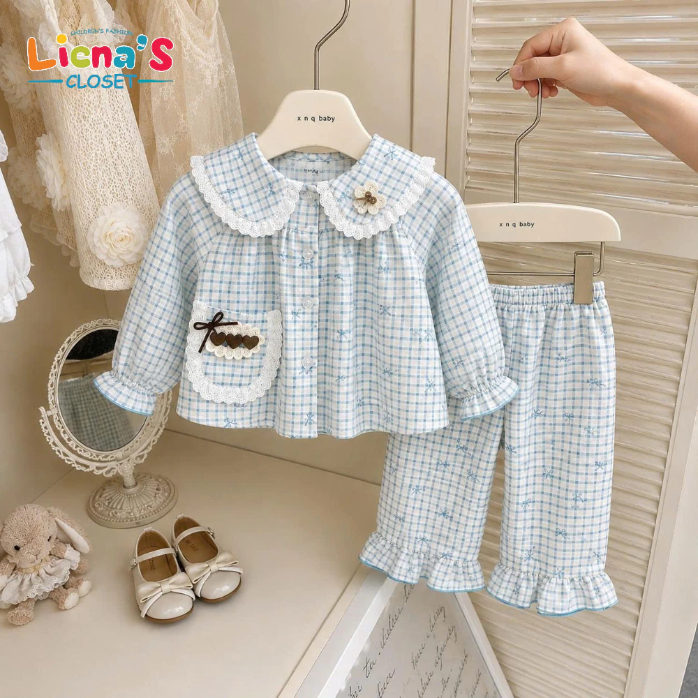 Set Bộ Dài Tay Bé Gái Caro Xanh Cổ Sen Phối Ren Vintage, Pijama Dài Tay Quần Bèo Tiểu Thư Hàn Quốc