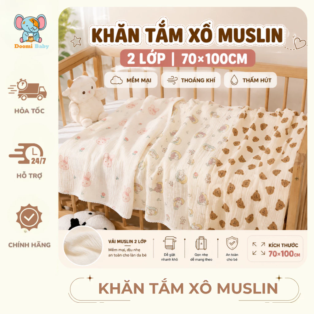 Khăn Tắm Xô Muslin 2 Lớp 70x100cm Cho Bé – Khăn Tắm Sơ Sinh Mềm Thấm Hút - DOOMI BABY- HT876