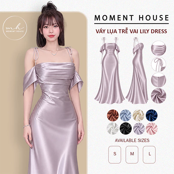 ĐẦM LỤA CỘT DÂY + TRỄ VAI , size SML lụa hàn châu cao cấp ( LILY DRESS )