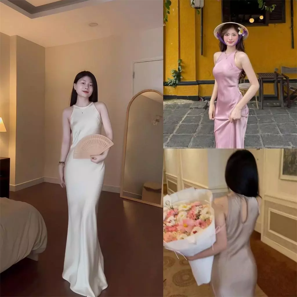 SVIP Đầm Lụa Cổ Yếm Form Dài Không Dây Kéo, Không Mút, Một Lớp Nữ