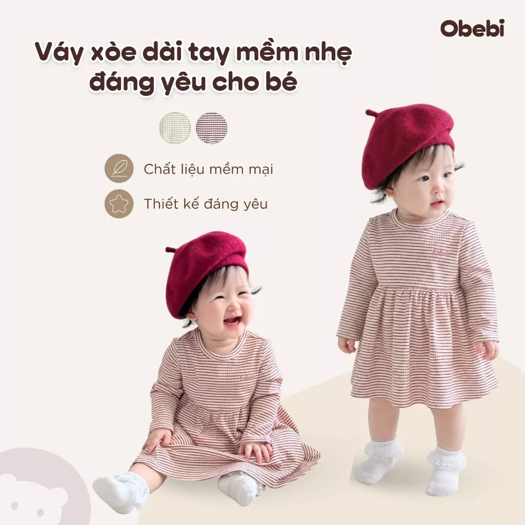 Váy Xinh Cho Bé Gái, Váy Thu Đông Dài Tay Họa Tiết Kẻ Ngang Đáng Yêu Cho Bé Gái Từ 9 - 22kg V76