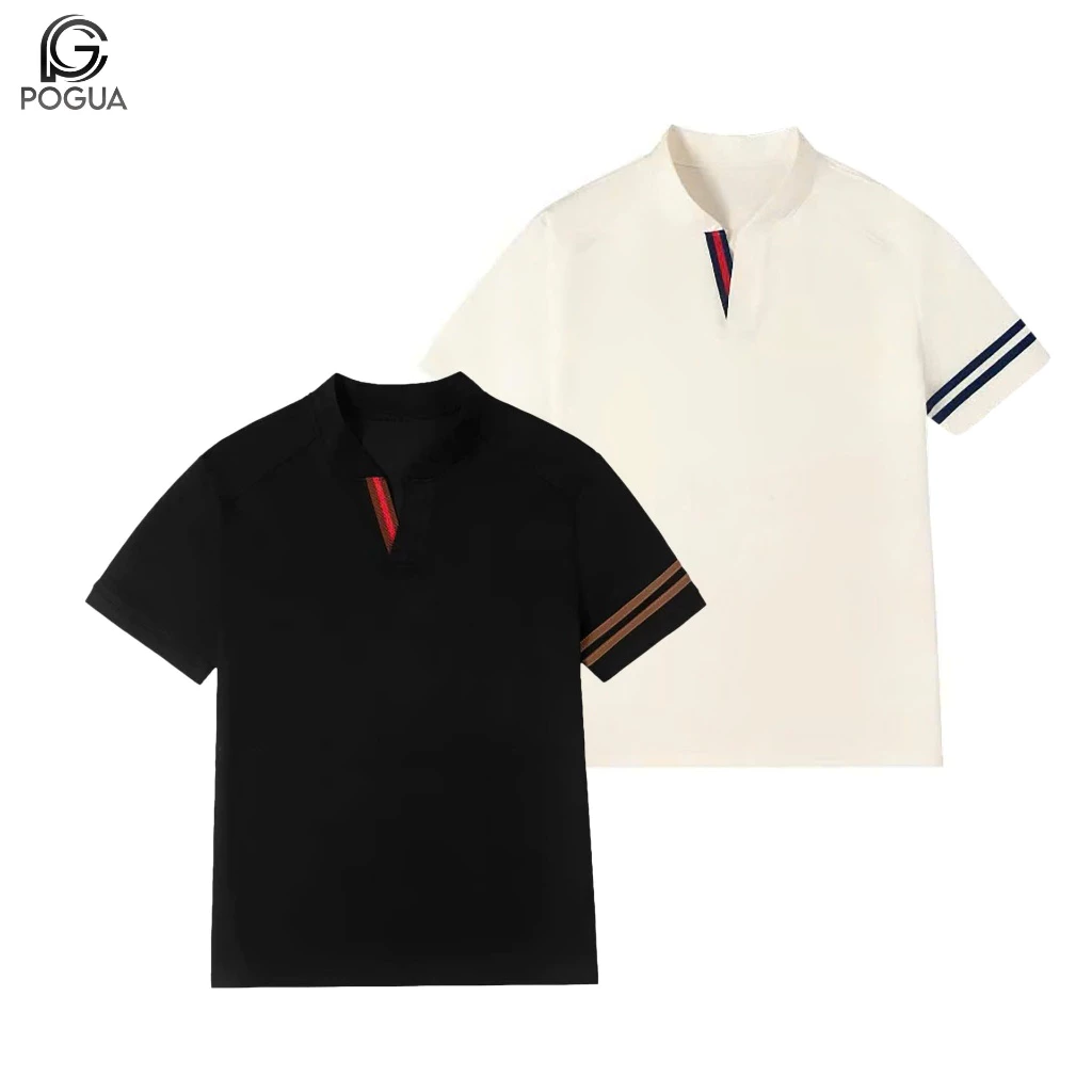 Áo Thun cổ V Pogua , Hai Màu Kem Và Đen chất cotton lạnh Dệt cổ form Gọn mã Polo