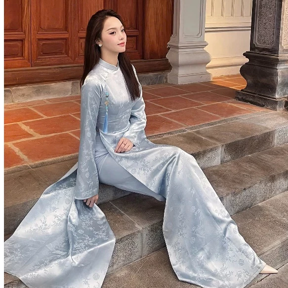 Áo Dài Truyền Thống Vải Gấm Cao Cấp Form Ôm Tôn Dáng Tay Loe Vải Gấm Thanh Trúc Phù Hợp Mặc Tết, Cưới Hỏi