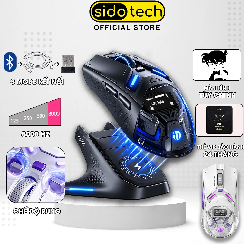 Chuột không dây gaming 8Khz SIDOTECH INPHIC ZHEN pin sạc click rung màn hình dock sạc bluetooth PAW3950 3 mode