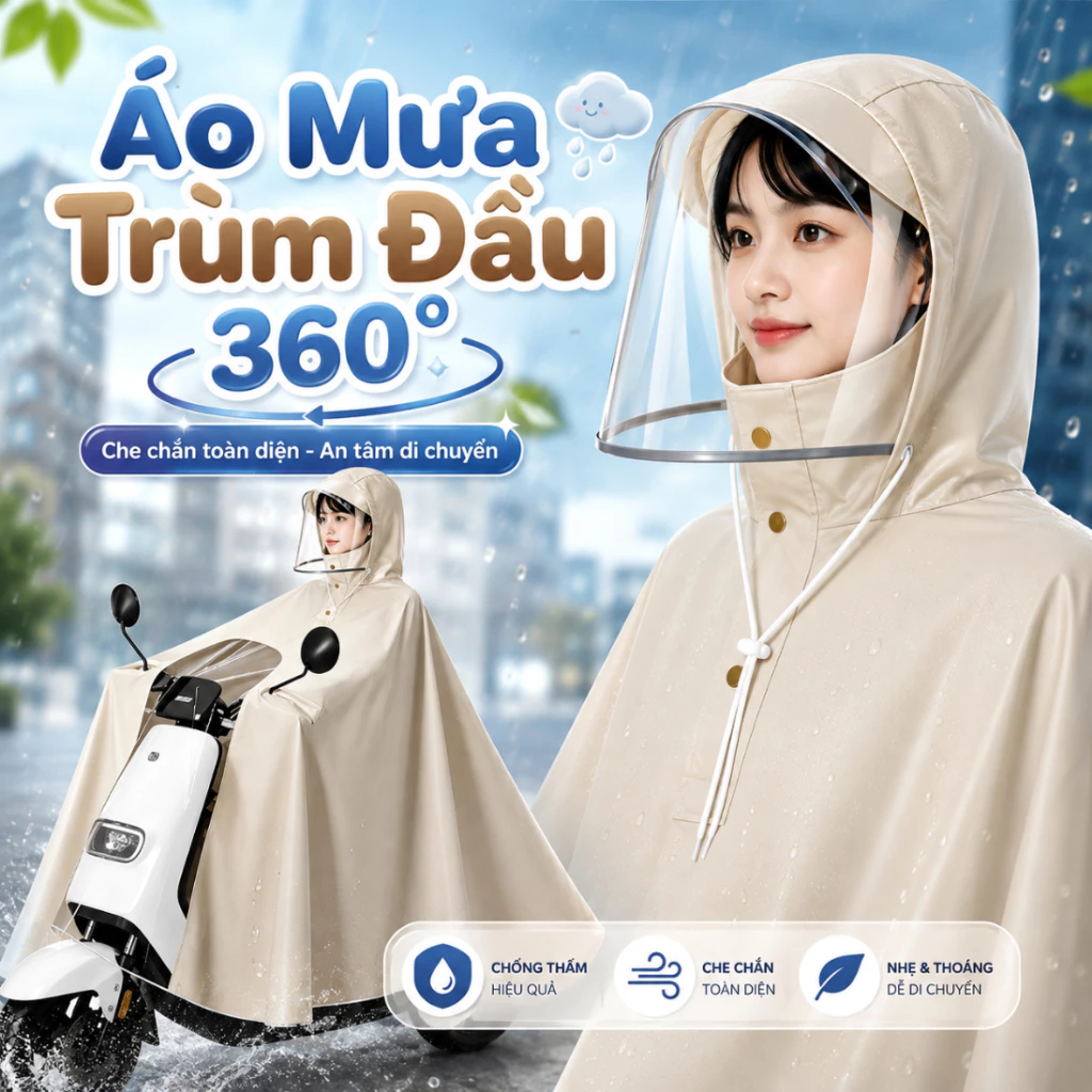 Áo Mưa Chùm Đầu 360 Độ Cỡ Đại Vải Oxford Cao Cấp Chống Thấm Che Phủ Kín Toàn Thân Đi Xe Máy Tiện Lợi