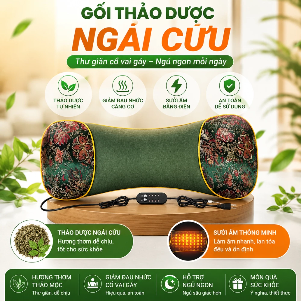 Gối Ngải Cứu Cắm Điện Làm ấm, Gối Massage Cổ Vai GáyThảo Dược Hương Thơm Thảo Mộc Tạo Cảm Giác Êm ái _G1