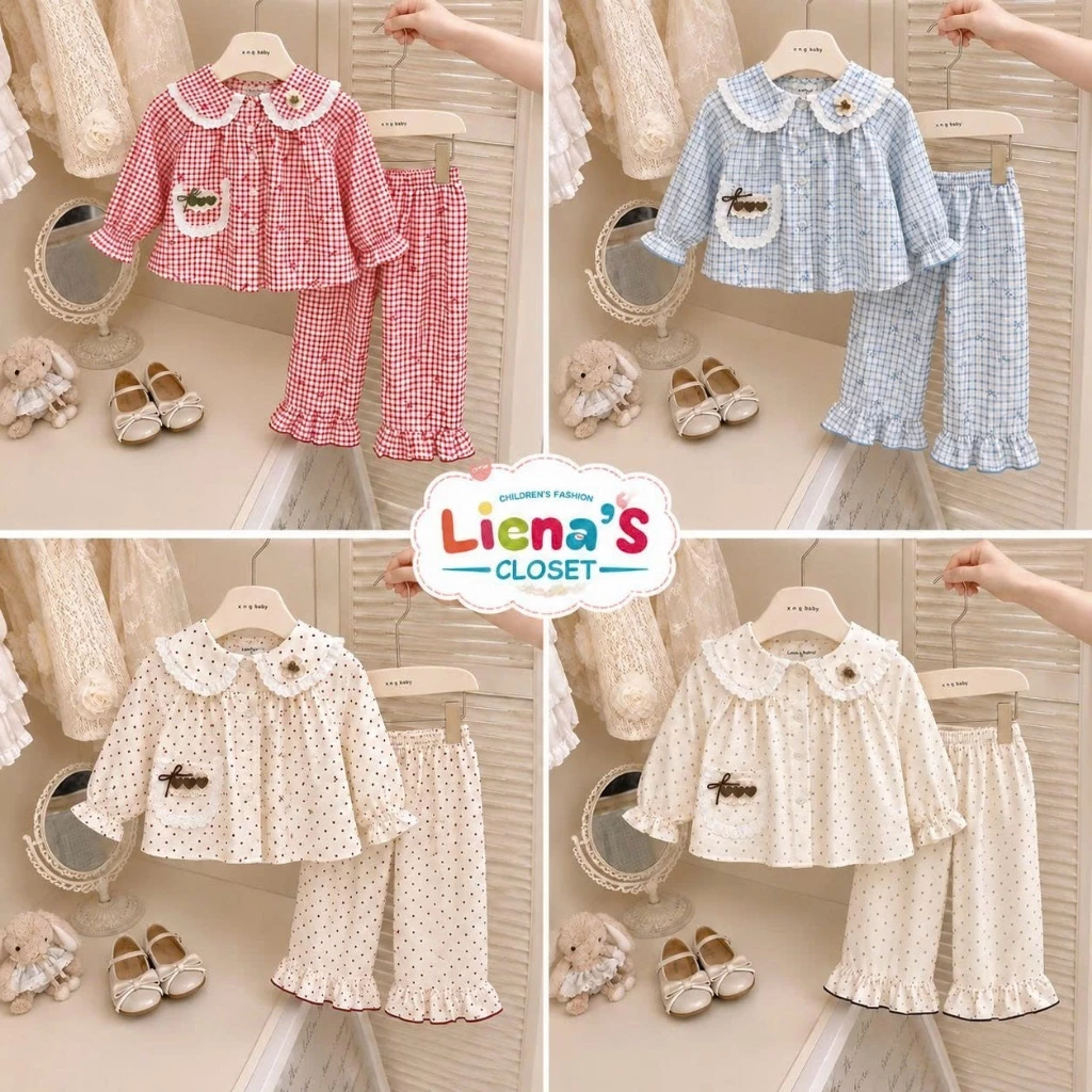 Pijama Dài Tay Đũi Hàn Quốc, Bộ Đồ Ngủ Cổ Sen Đính Nơ Nhiều Họa Tiết Mềm Mịn Cho Bé